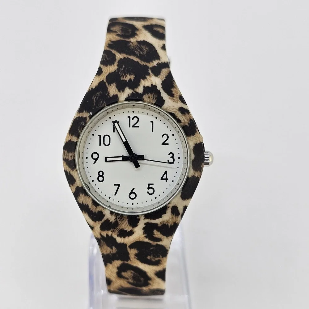 Women's Analog Watch 34MM White Dial Leopard Plastic Bands NEW Battery